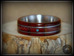 Bentwood Ring - "Tracks Melody" Padauk on Titanium Core with Walnut Fret Inlay and Turquoise Dot Inlay handcrafted bentwood wooden rings wood wedding ring engagement