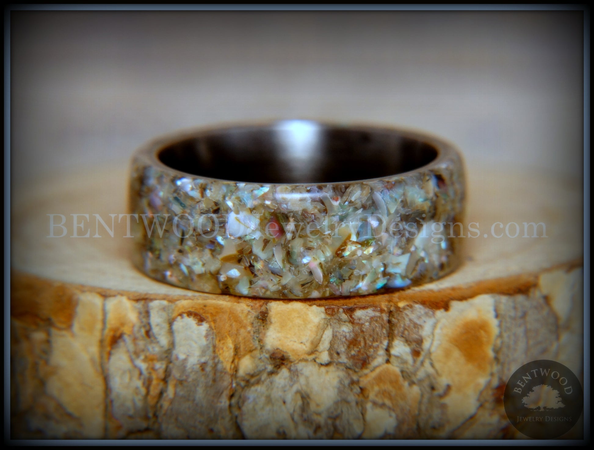 Bentwood Ring - "Abalone" Paua Abolone Shell on Surgical Grade "Onyx Black" Stainless Steel Comfort Fit Core handcrafted bentwood wooden rings wood wedding ring engagement