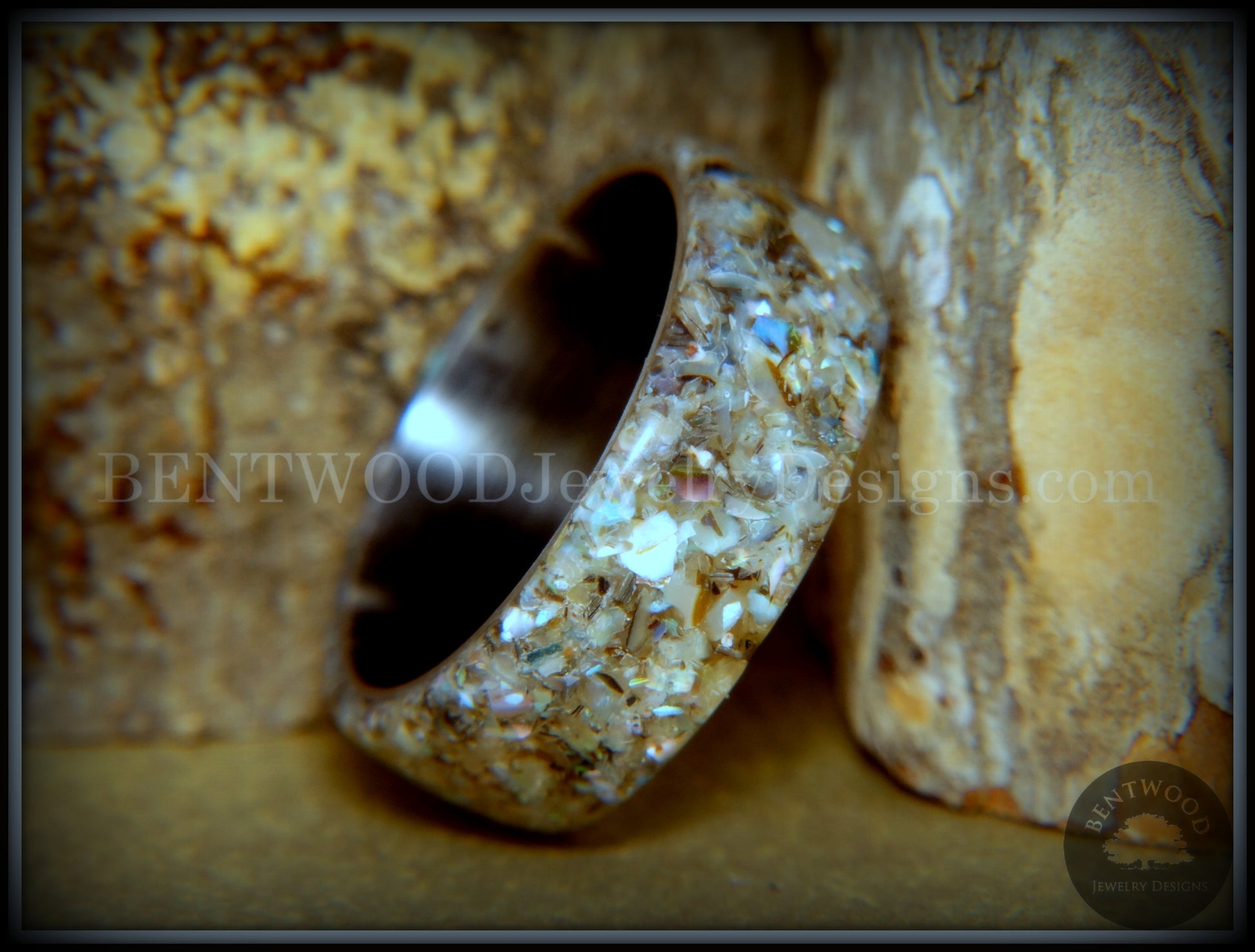 Bentwood Ring - "Abalone" Paua Abolone Shell on Surgical Grade "Onyx Black" Stainless Steel Comfort Fit Core handcrafted bentwood wooden rings wood wedding ring engagement