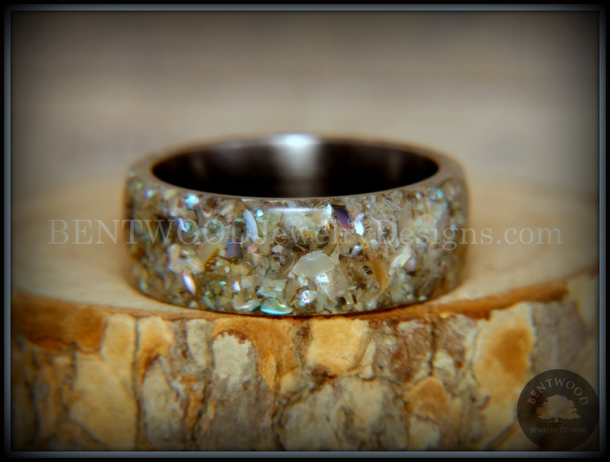 Bentwood Ring - "Abalone" Paua Abolone Shell on Surgical Grade "Onyx Black" Stainless Steel Comfort Fit Core handcrafted bentwood wooden rings wood wedding ring engagement