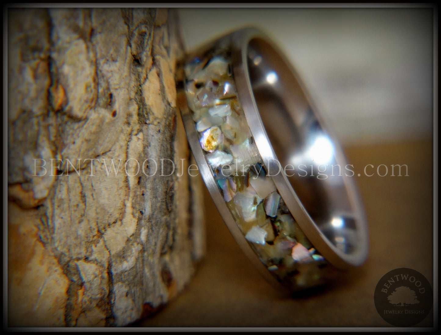 Bentwood Ring - "Paua" Shell on Surgical Grade Stainless Steel Comfort Fit Metal Core handcrafted bentwood wooden rings wood wedding ring engagement