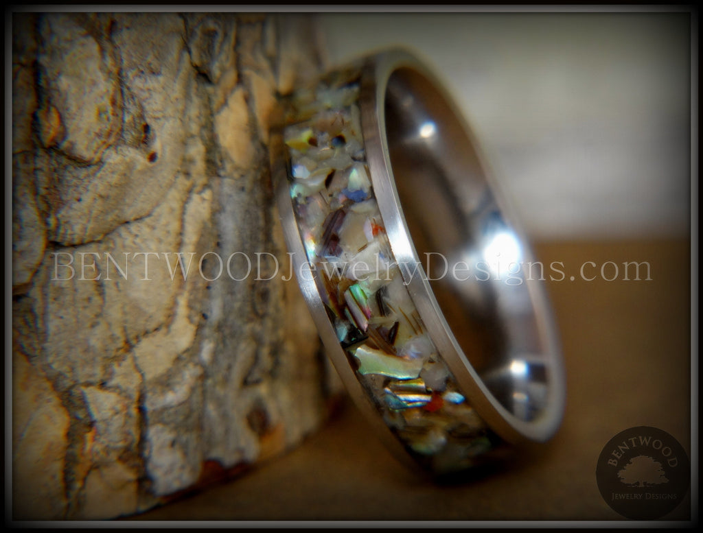 Bentwood Ring - "Paua" Shell on Surgical Grade Stainless Steel Comfort Fit Metal Core handcrafted bentwood wooden rings wood wedding ring engagement