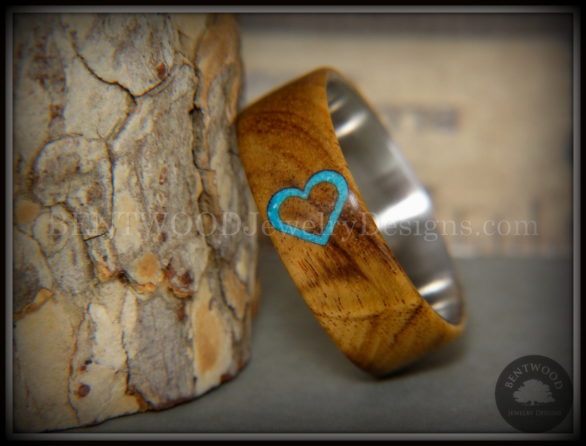 Bentwood Ring - "The Heart" Light Mahogany Sleeping Beauty Turquoise Inlay handcrafted bentwood wooden rings wood wedding ring engagement