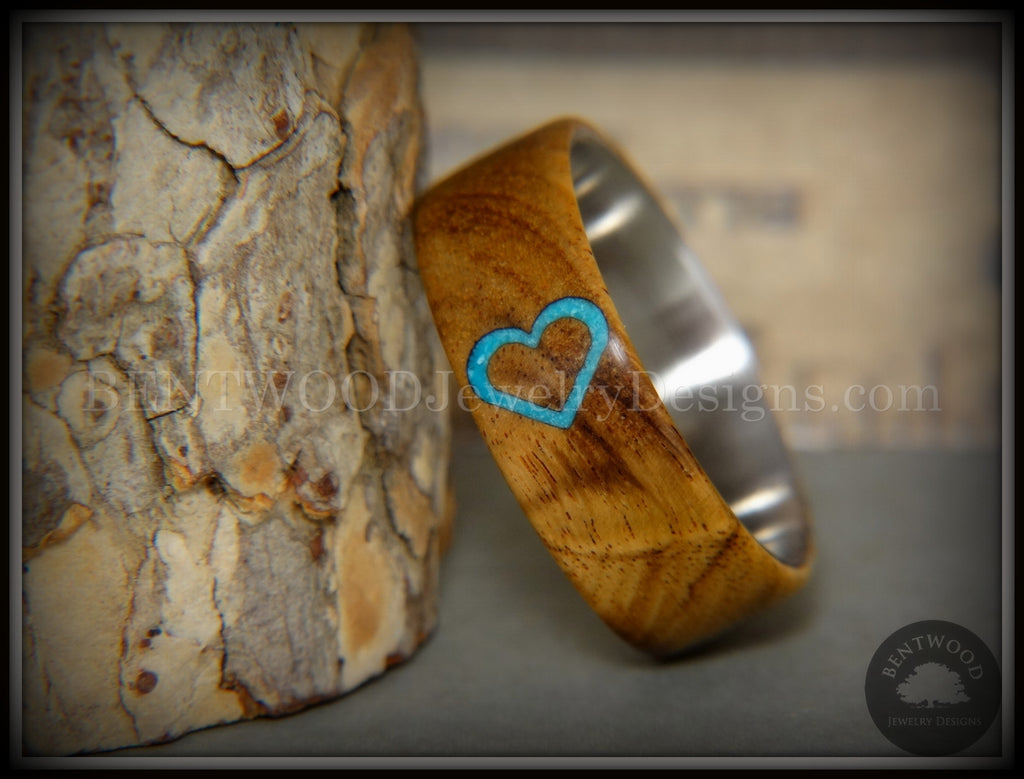 Bentwood Ring - "The Heart" Light Mahogany Sleeping Beauty Turquoise Inlay handcrafted bentwood wooden rings wood wedding ring engagement