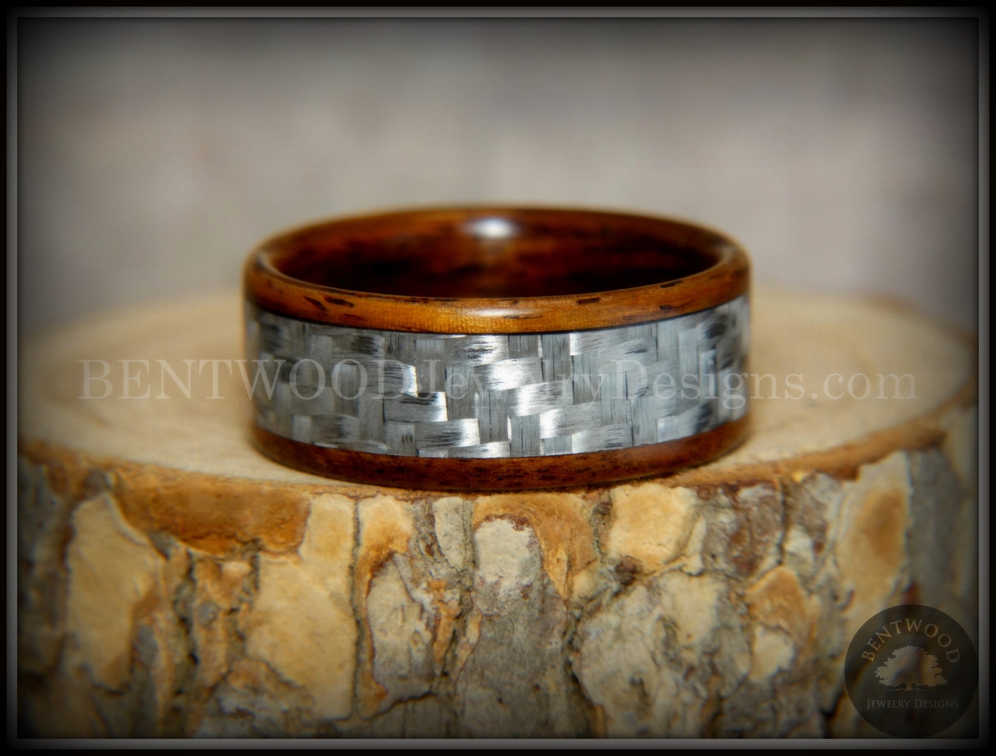 Bentwood Ring - "Silver Twill" Centered Edge Carbon Fiber Rosewood Wood Ring handcrafted bentwood wooden rings wood wedding ring engagement