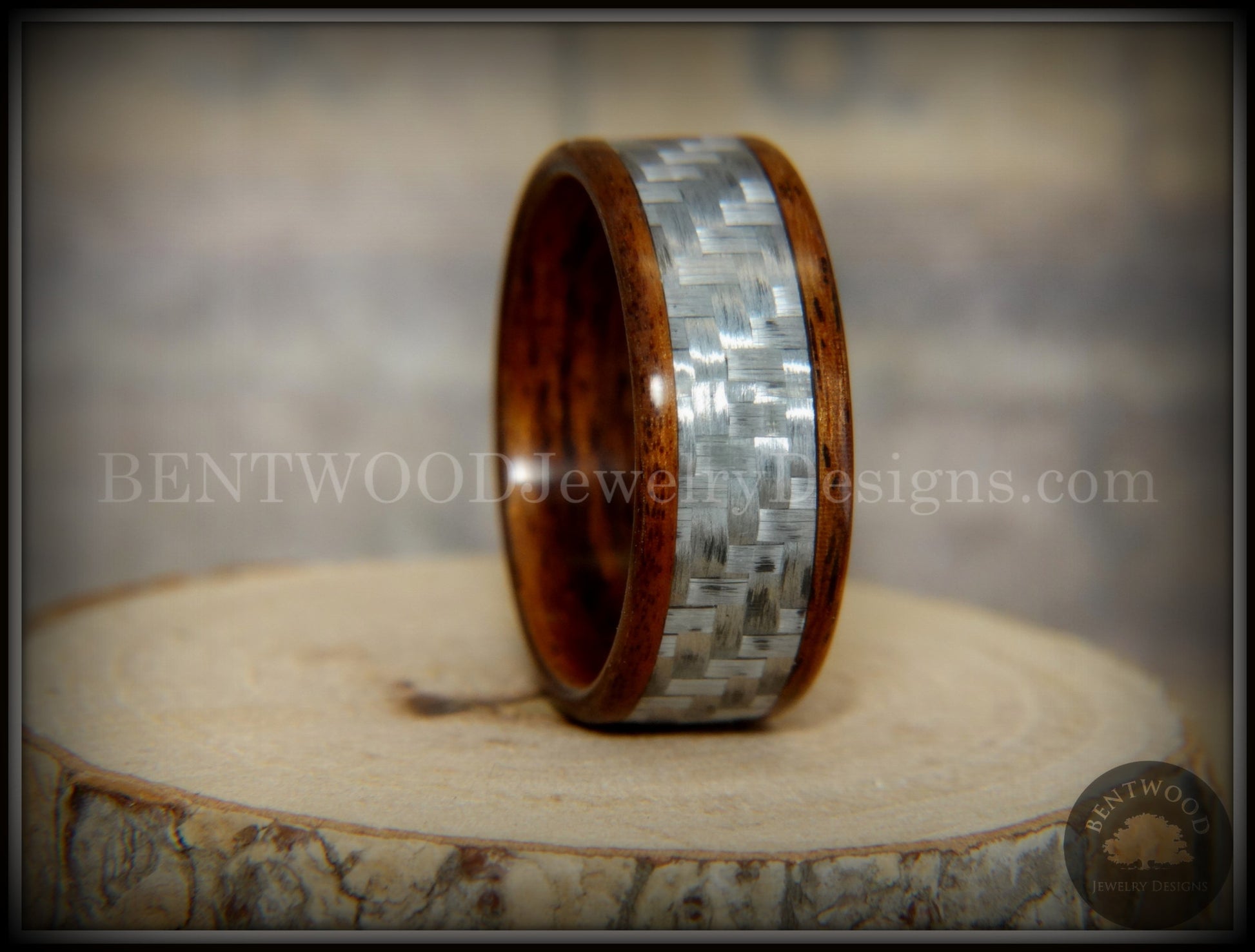 Bentwood Ring - "Silver Twill" Centered Edge Carbon Fiber Rosewood Wood Ring handcrafted bentwood wooden rings wood wedding ring engagement