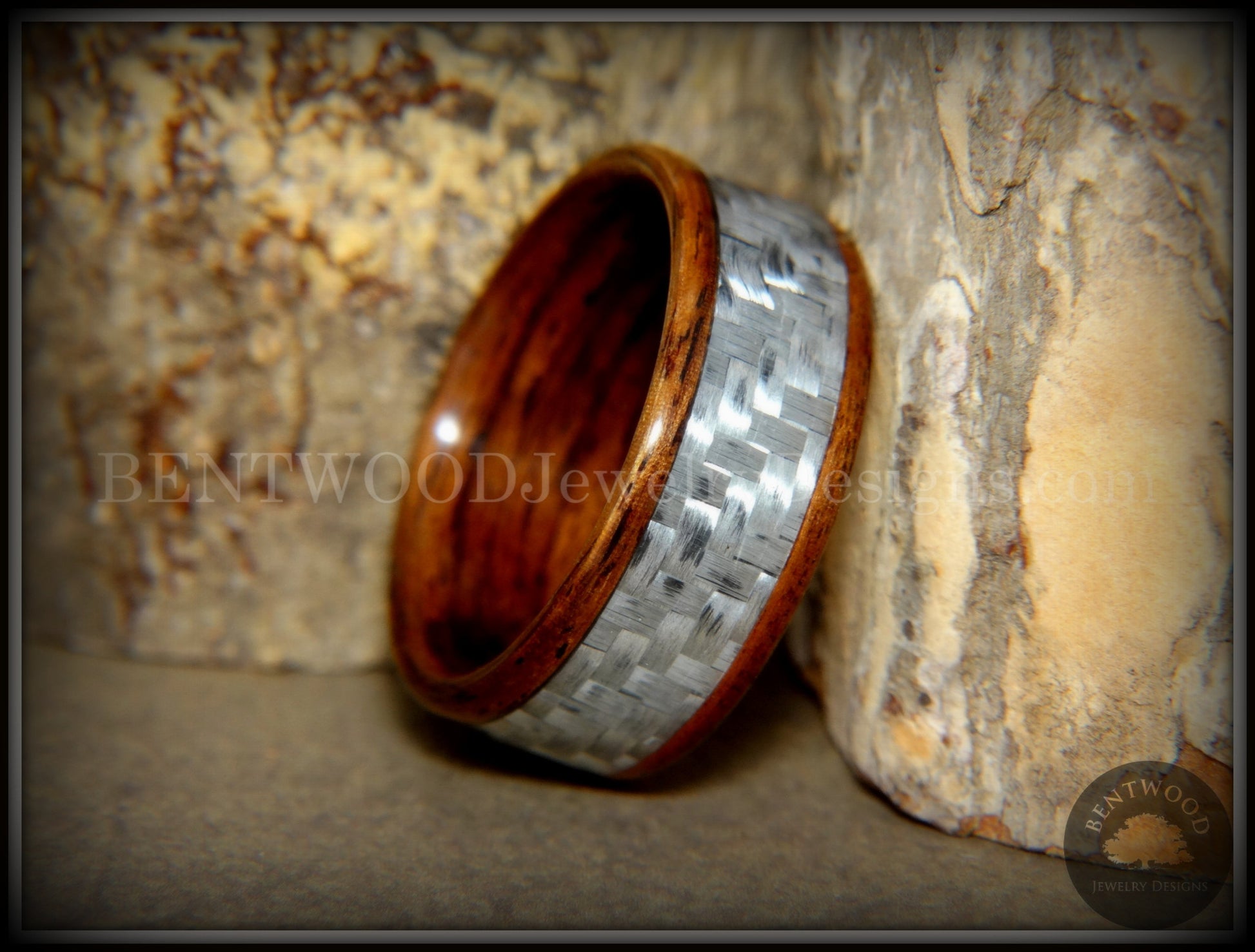 Bentwood Ring - "Silver Twill" Centered Edge Carbon Fiber Rosewood Wood Ring handcrafted bentwood wooden rings wood wedding ring engagement