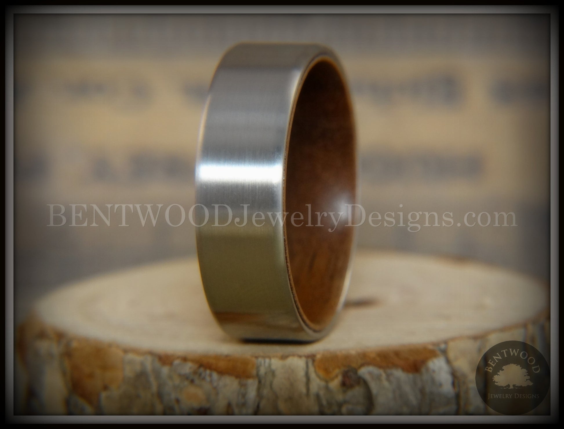 Bentwood Walnut Core Ring and Surgical Grade Hypo-Allergenic Stainless Steel Exterior handcrafted bentwood wooden rings wood wedding ring engagement