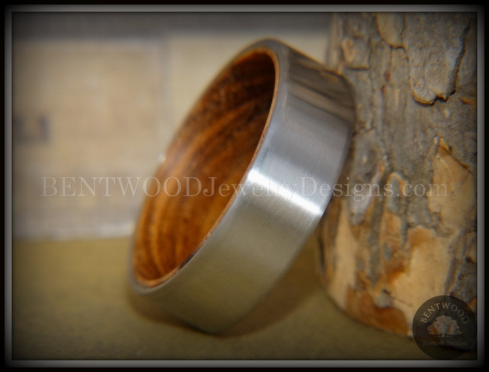 Bentwood Zebrawood Core Ring and Surgical Grade Hypo-Allergenic Stainless Steel Exterior handcrafted bentwood wooden rings wood wedding ring engagement