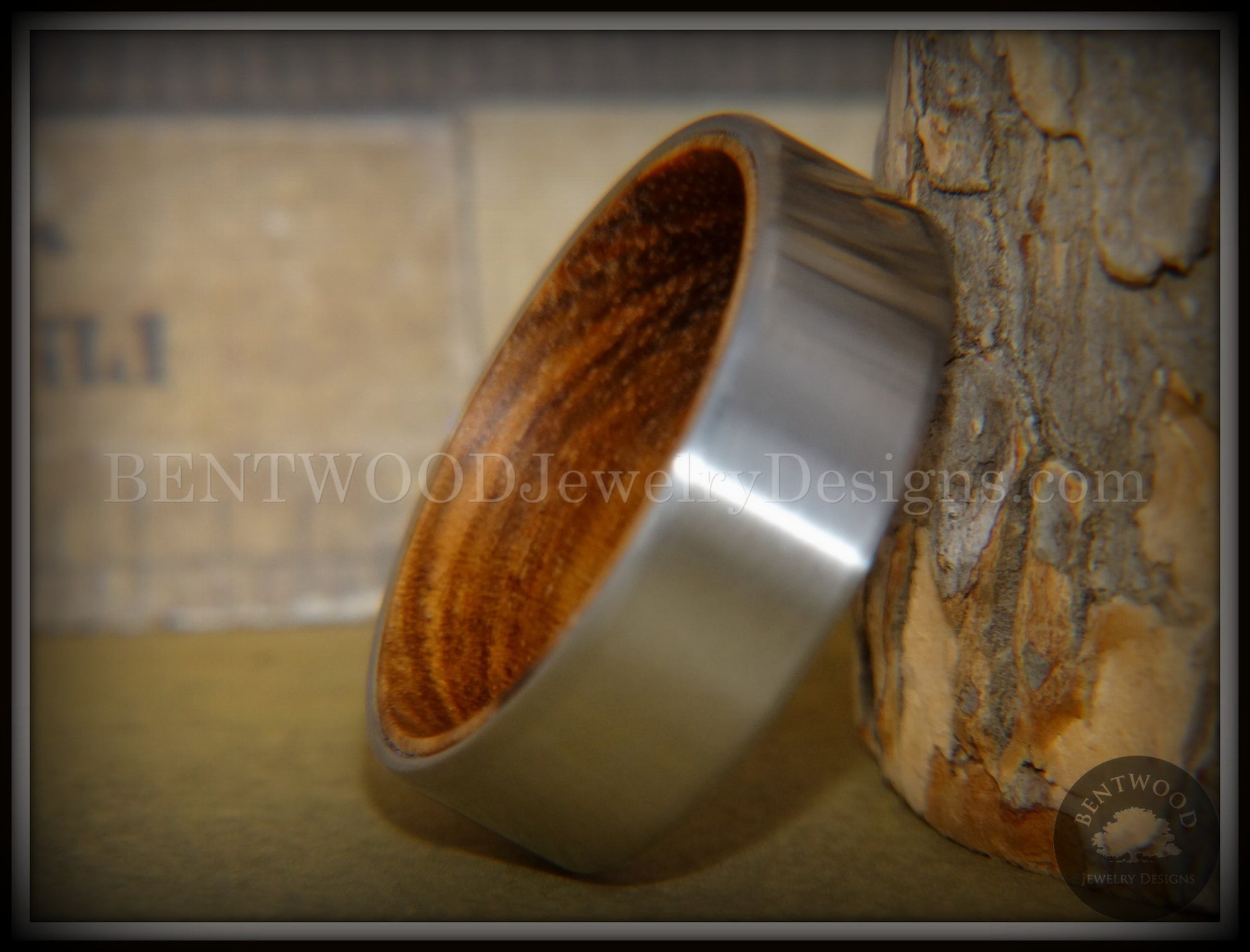 Bentwood Zebrawood Core Ring and Surgical Grade Hypo-Allergenic Stainless Steel Exterior handcrafted bentwood wooden rings wood wedding ring engagement