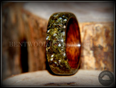 Bentwood Ring - Santos Rosewood Wood Ring with Hawaiian Papakolea Olivine Beach Sand Inlay handcrafted bentwood wooden rings wood wedding ring engagement
