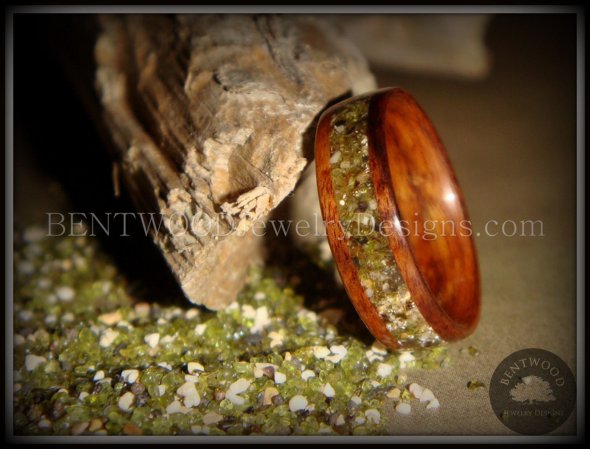 Bentwood Ring - Santos Rosewood Wood Ring with Hawaiian Papakolea Olivine Beach Sand Inlay handcrafted bentwood wooden rings wood wedding ring engagement