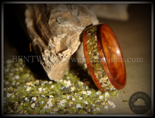 Bentwood Ring - Santos Rosewood Wood Ring with Hawaiian Papakolea Olivine Beach Sand Inlay handcrafted bentwood wooden rings wood wedding ring engagement