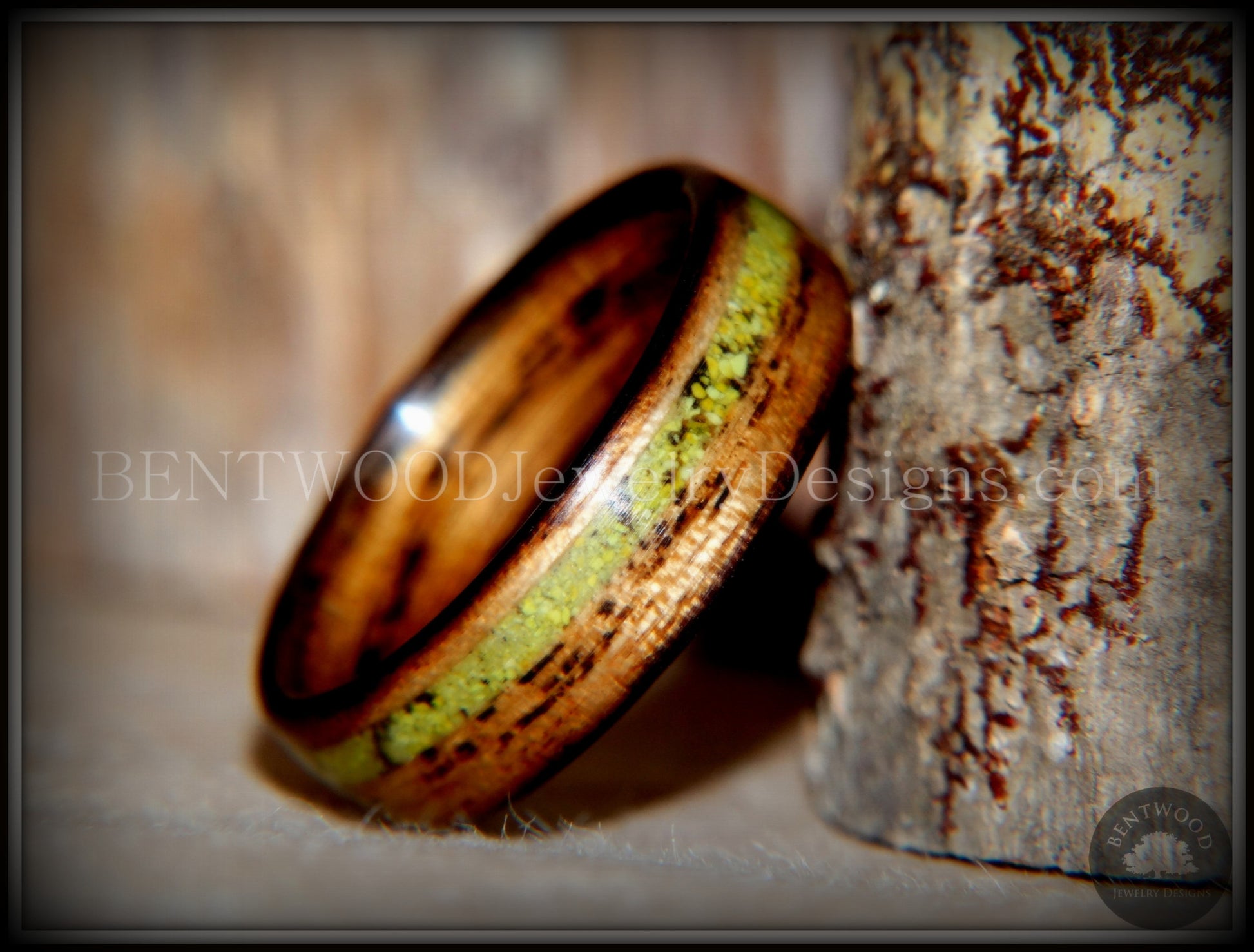 Bentwood Ring - "Inlaid Ole Smoky" Olive Wood Ring with Green Apple Turquoise Inlay handcrafted bentwood wooden rings wood wedding ring engagement