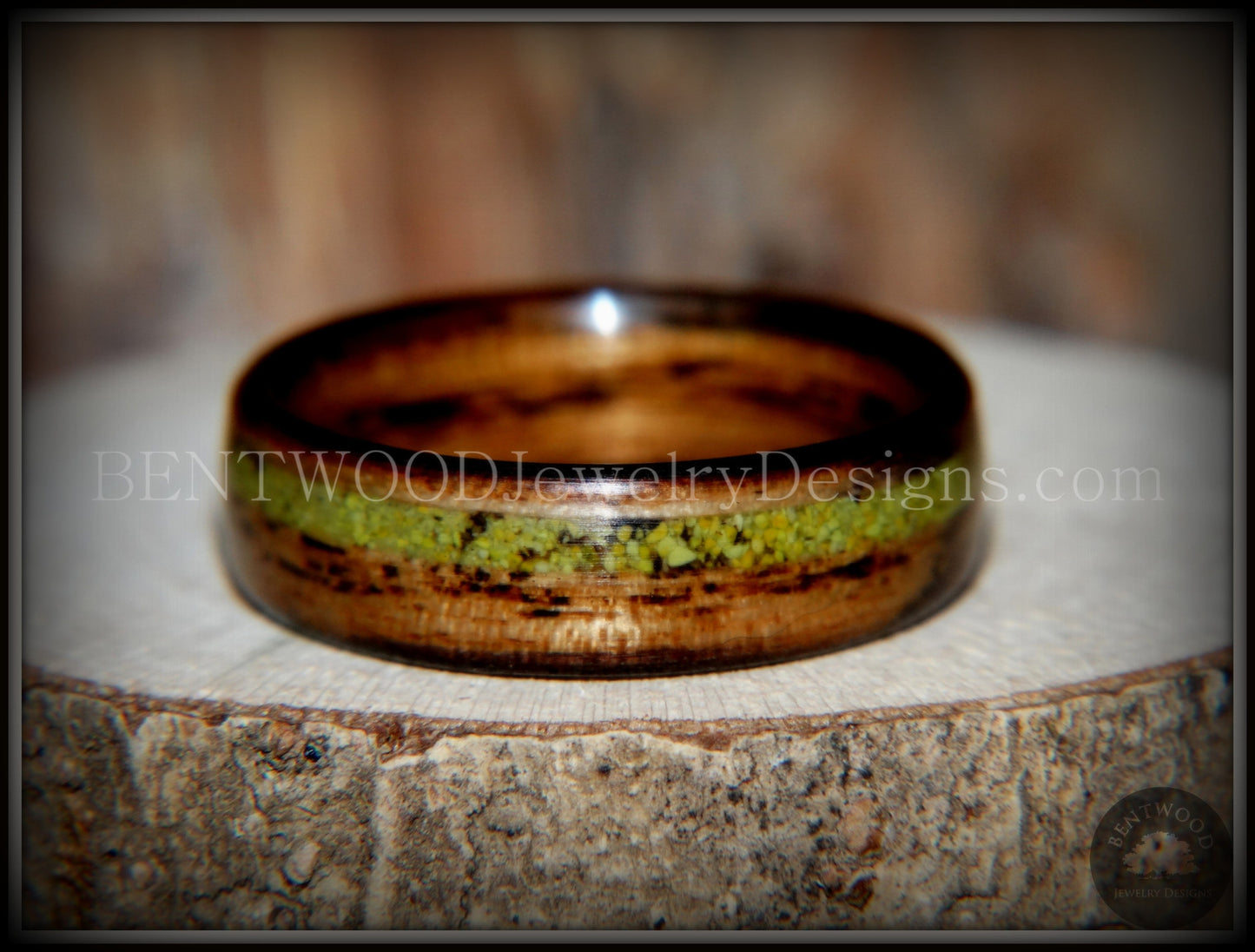 Bentwood Ring - "Inlaid Ole Smoky" Olive Wood Ring with Green Apple Turquoise Inlay handcrafted bentwood wooden rings wood wedding ring engagement