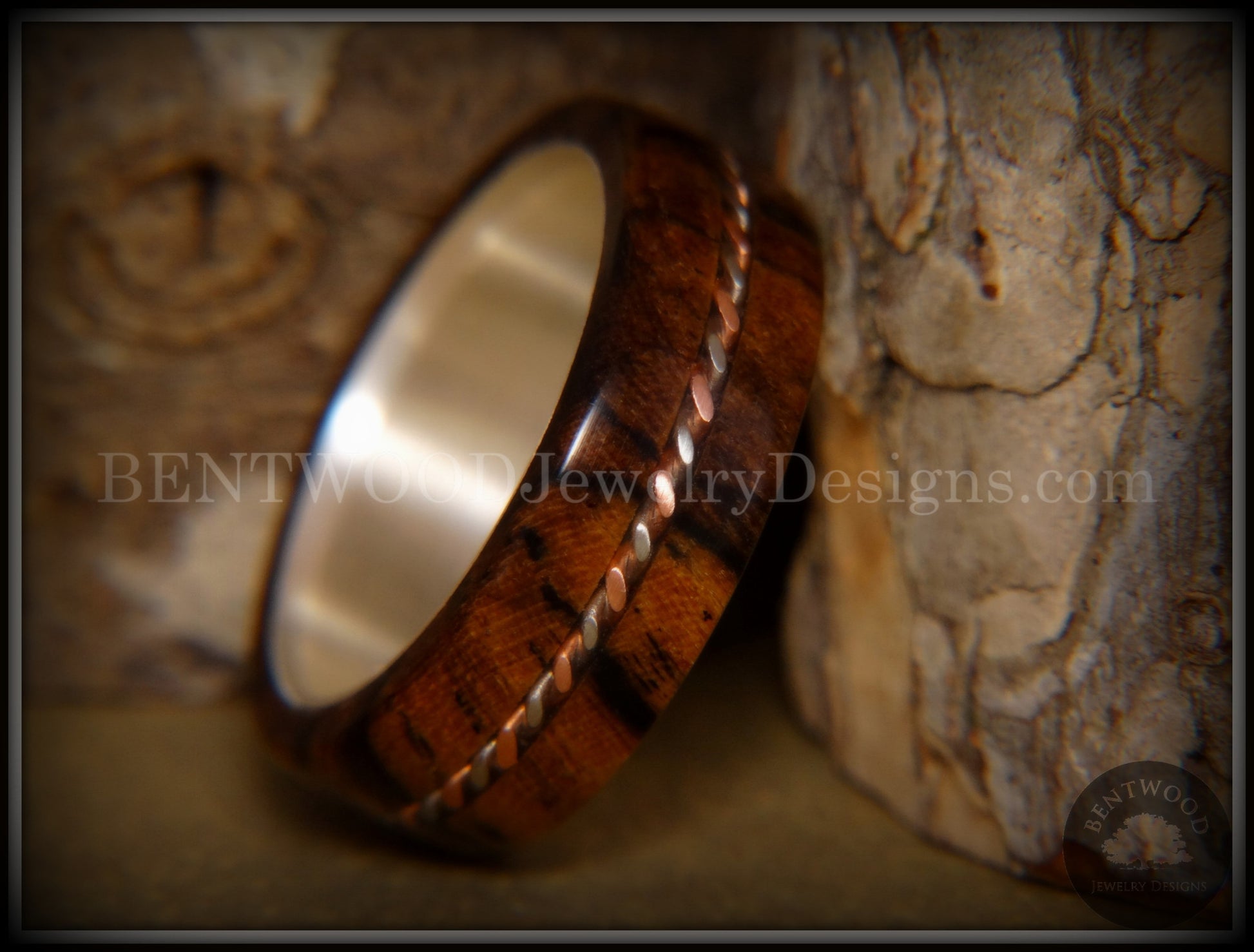 Bentwood Ring - Spalted Maple Ring on Fine Silver Core with Copper and Silver Inlay handcrafted bentwood wooden rings wood wedding ring engagement