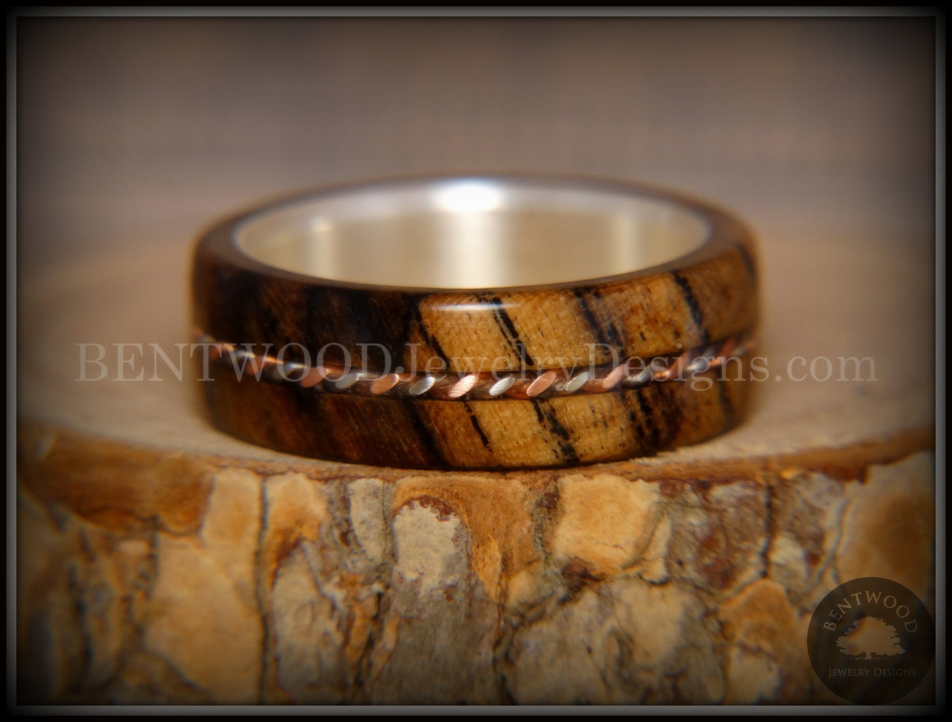 Bentwood Ring - Spalted Maple Ring on Fine Silver Core with Copper and Silver Inlay handcrafted bentwood wooden rings wood wedding ring engagement