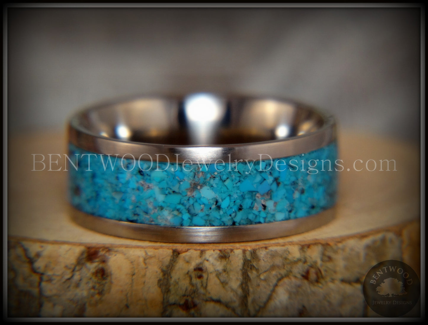 Bentwood Ring - Turquoise Inlay on Surgical Grade Stainless Steel Comfort Fit Metal Core handcrafted bentwood wooden rings wood wedding ring engagement