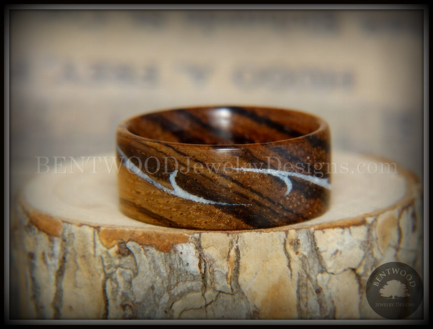 Bentwood Ring - "Scroll" Zebrawood Ring with Mother of Pearl Inlay handcrafted bentwood wooden rings wood wedding ring engagement