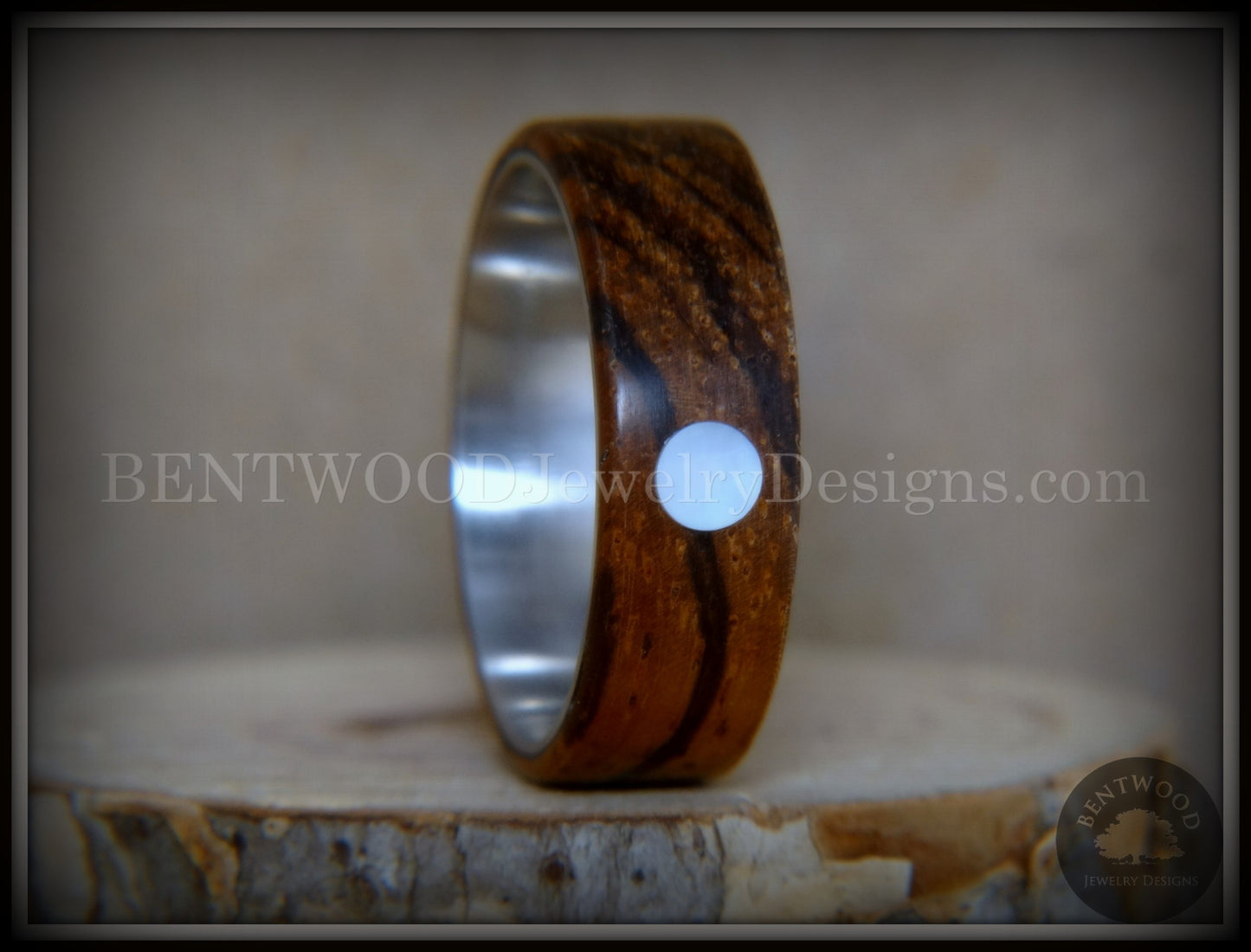 Bentwood Ring - "Sea Pearl" Zebrawood with Mother of Pearl Shell Inlay on Comfort Fit Surgical Steel Core handcrafted bentwood wooden rings wood wedding ring engagement