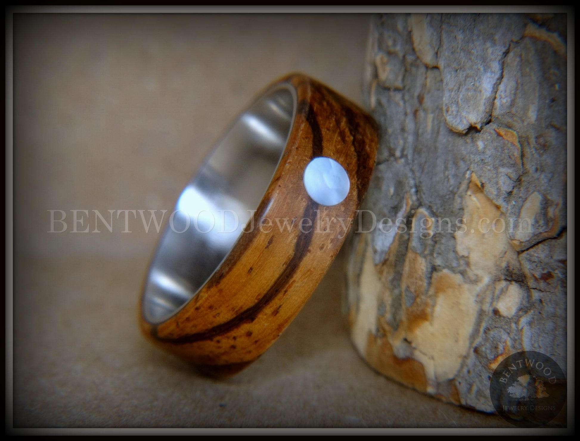 Bentwood Ring - "Sea Pearl" Zebrawood with Mother of Pearl Shell Inlay on Comfort Fit Surgical Steel Core handcrafted bentwood wooden rings wood wedding ring engagement