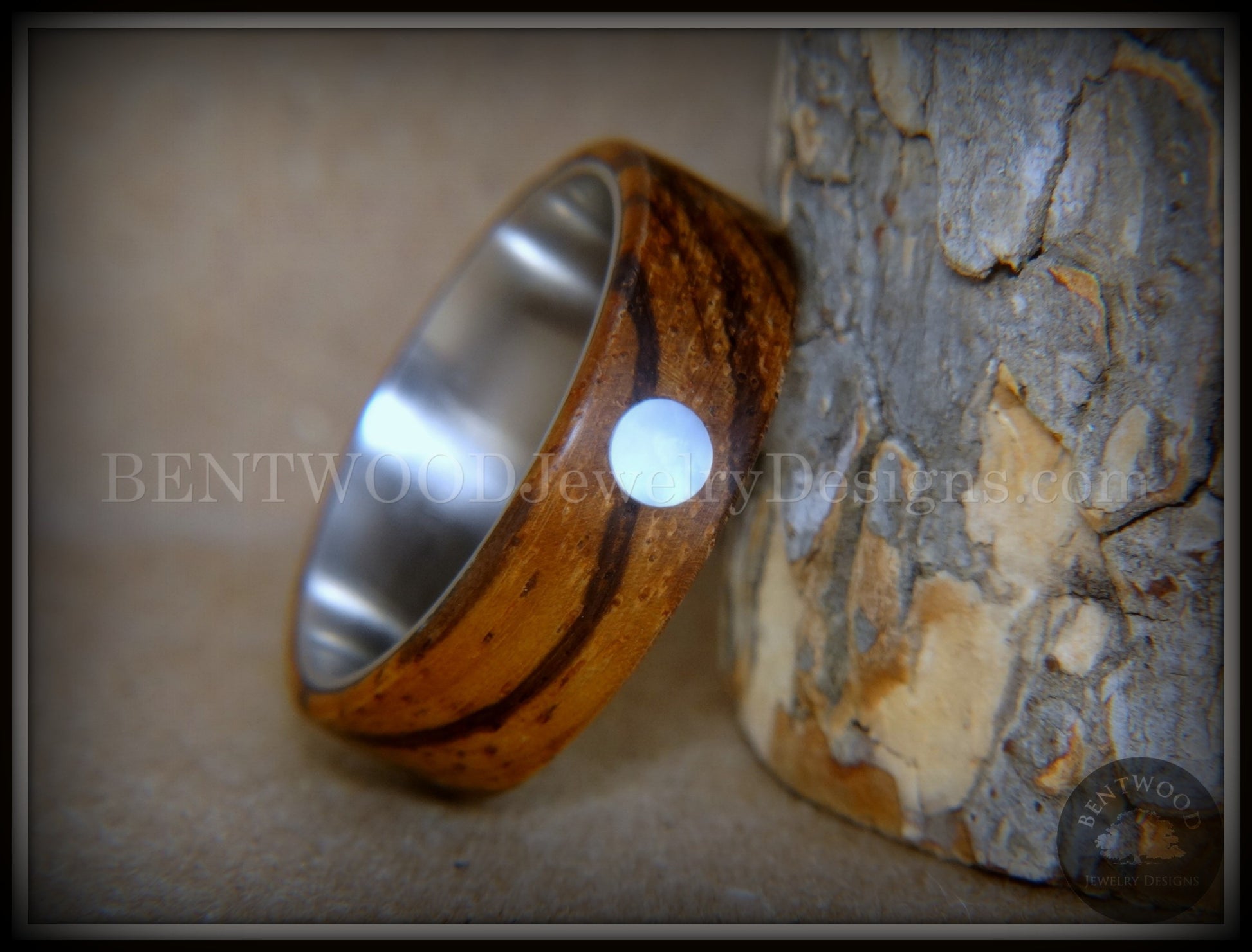 Bentwood Ring - "Sea Pearl" Zebrawood with Mother of Pearl Shell Inlay on Comfort Fit Surgical Steel Core handcrafted bentwood wooden rings wood wedding ring engagement