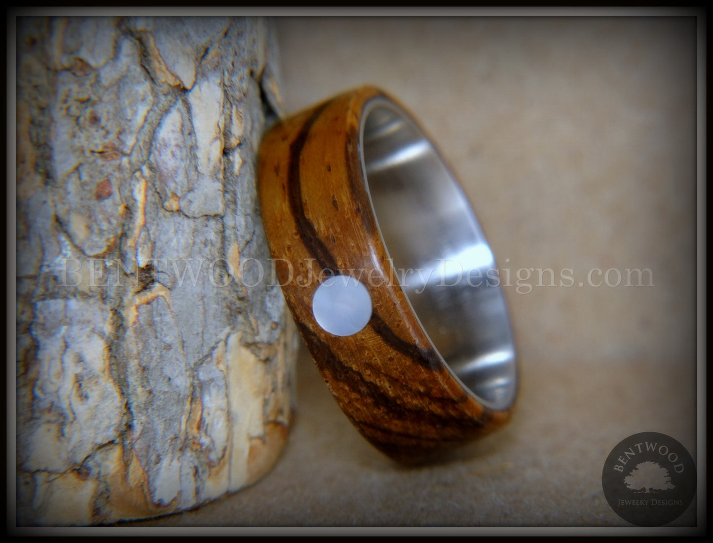 Bentwood Ring - "Sea Pearl" Zebrawood with Mother of Pearl Shell Inlay on Comfort Fit Surgical Steel Core handcrafted bentwood wooden rings wood wedding ring engagement