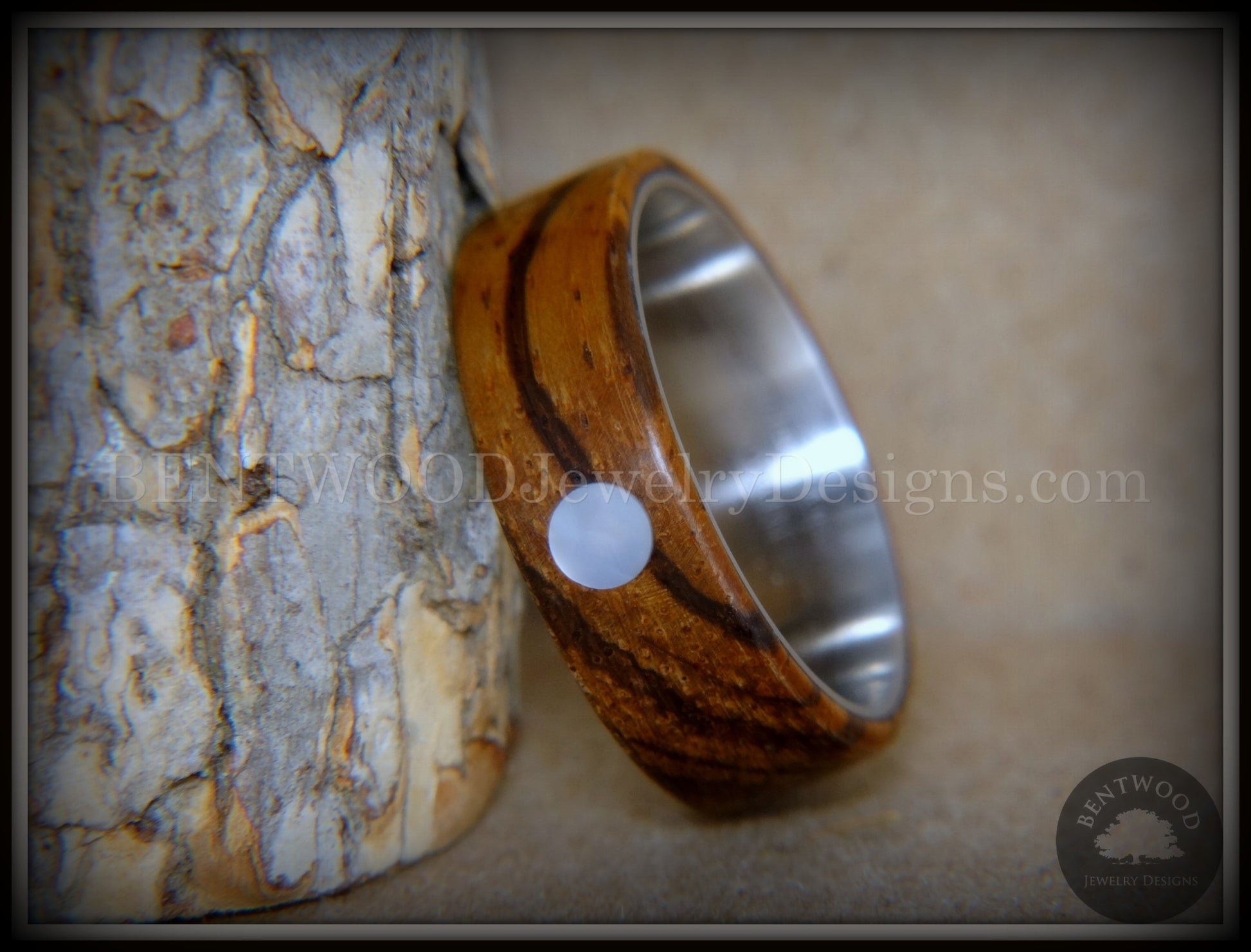 Bentwood Ring - "Sea Pearl" Zebrawood with Mother of Pearl Shell Inlay on Comfort Fit Surgical Steel Core handcrafted bentwood wooden rings wood wedding ring engagement