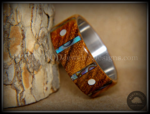 Bentwood Ring - "Frets" Zebrawood on Titanium Core with Guitar Fret Inlay using Paua Shell and Mother of Pearl Inlay