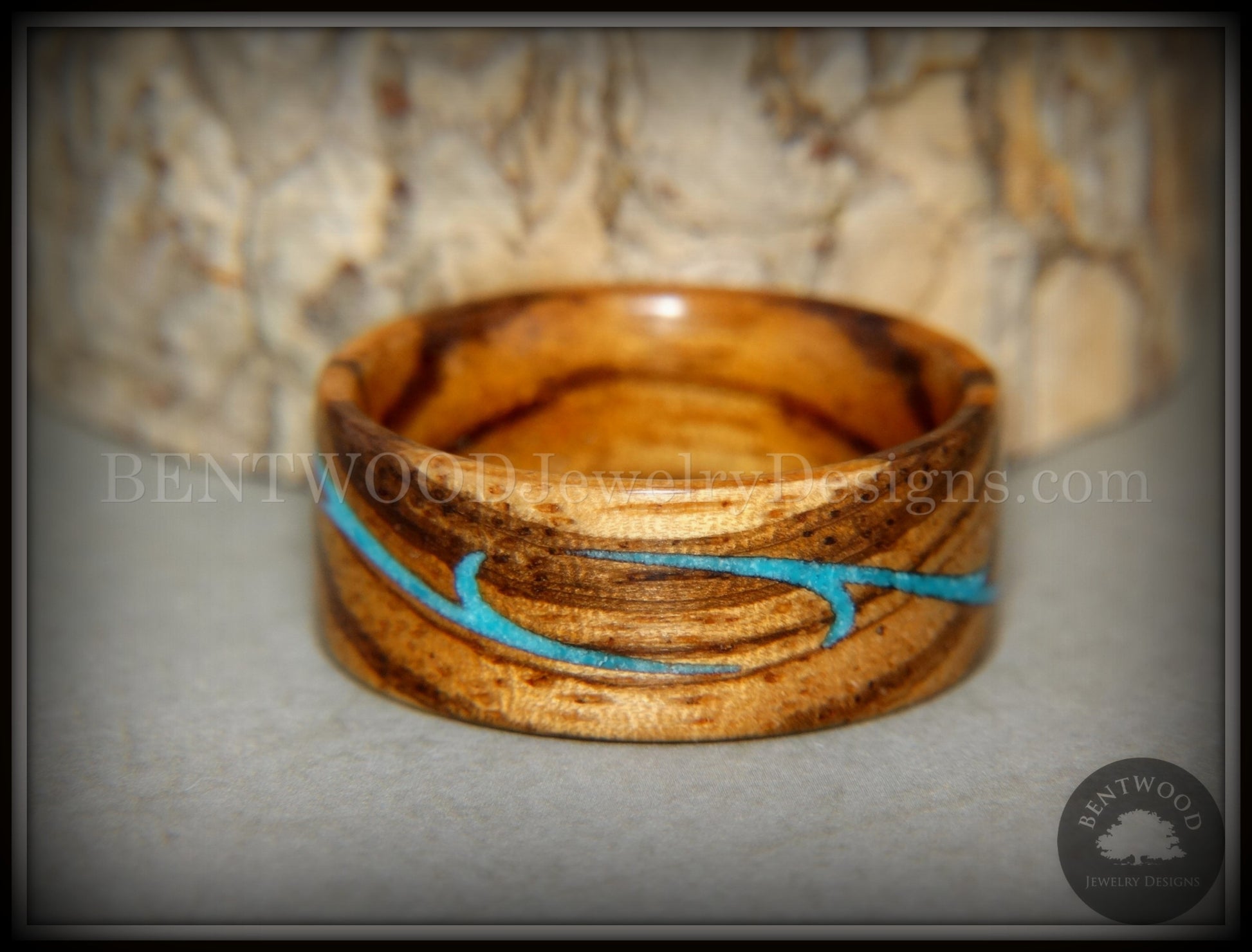 Bentwood Ring - "Scroll" Zebrawood Ring with Turquoise Inlay handcrafted bentwood wooden rings wood wedding ring engagement