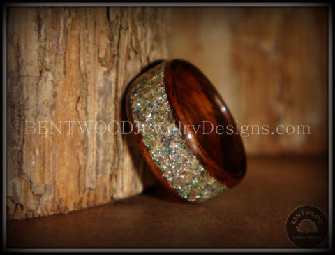 Bentwood Ring - Rosewood Wooden Ring with Silver, Green and Blue Glass Inlay