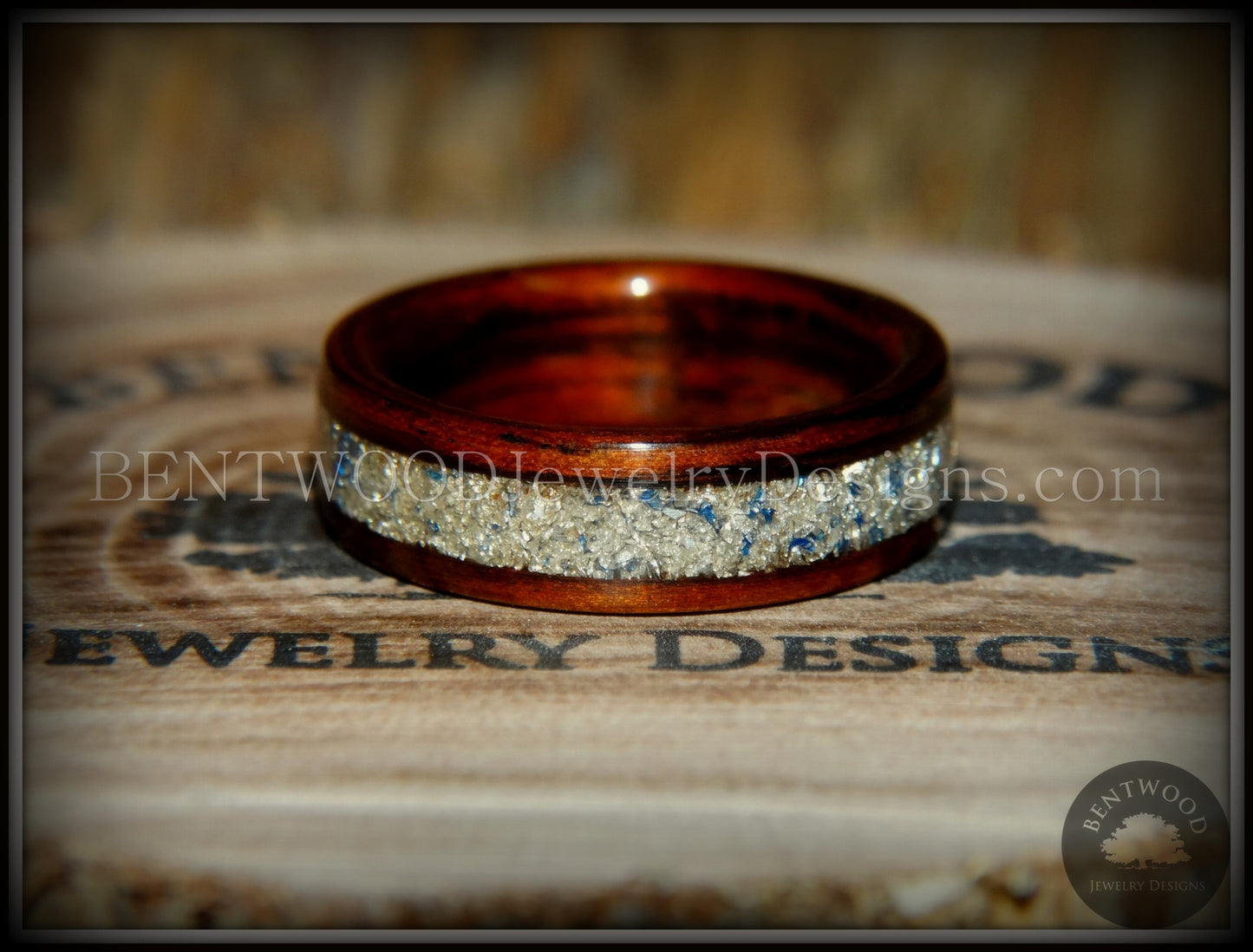 Bentwood Ring - Kingwood Wooden Ring with Bentwood Kingwood Wood Rings with Silver/Blue Glass Inlay handcrafted bentwood wooden rings wood wedding ring engagement