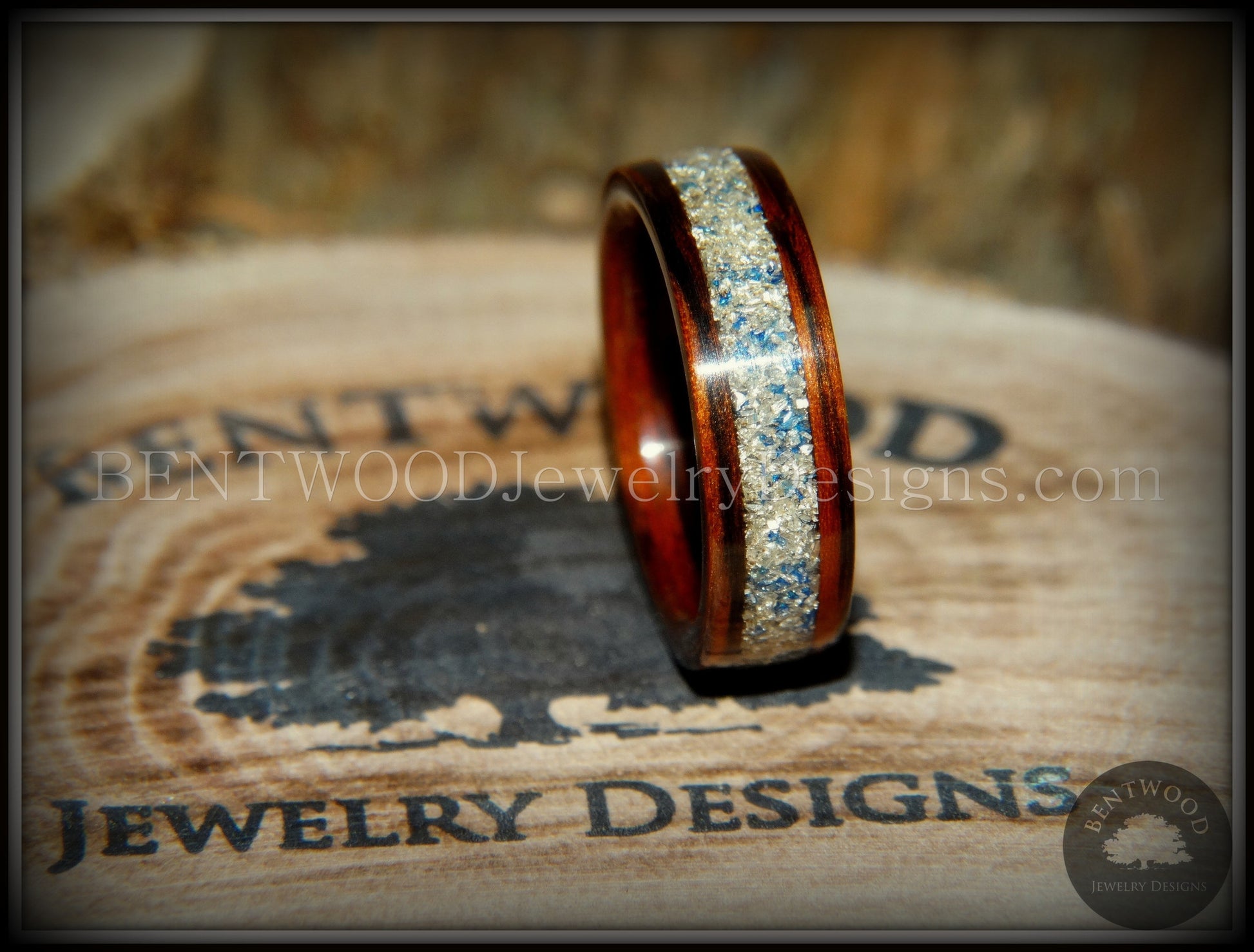 Bentwood Ring - Kingwood Wooden Ring with Bentwood Kingwood Wood Rings with Silver/Blue Glass Inlay handcrafted bentwood wooden rings wood wedding ring engagement