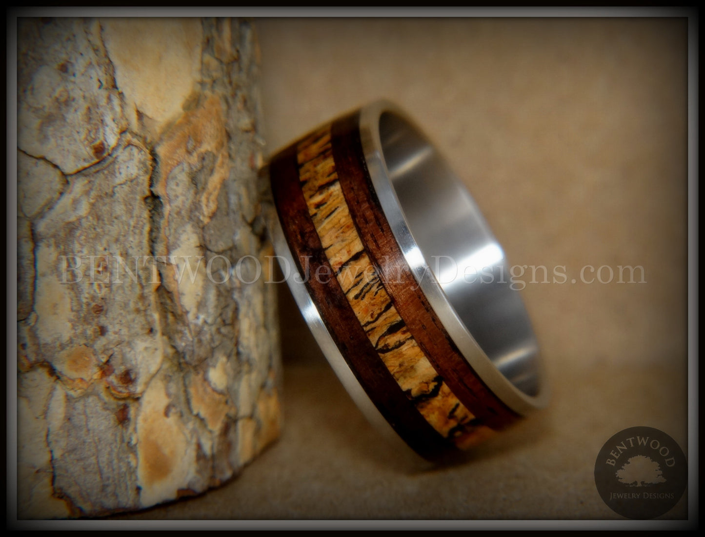 Bentwood Ring - "New Growth" Amazon Rosewood Spalted Maple Inlay Wood Ring on Titanium Steel Comfort Fit Core handcrafted bentwood wooden rings wood wedding ring engagement