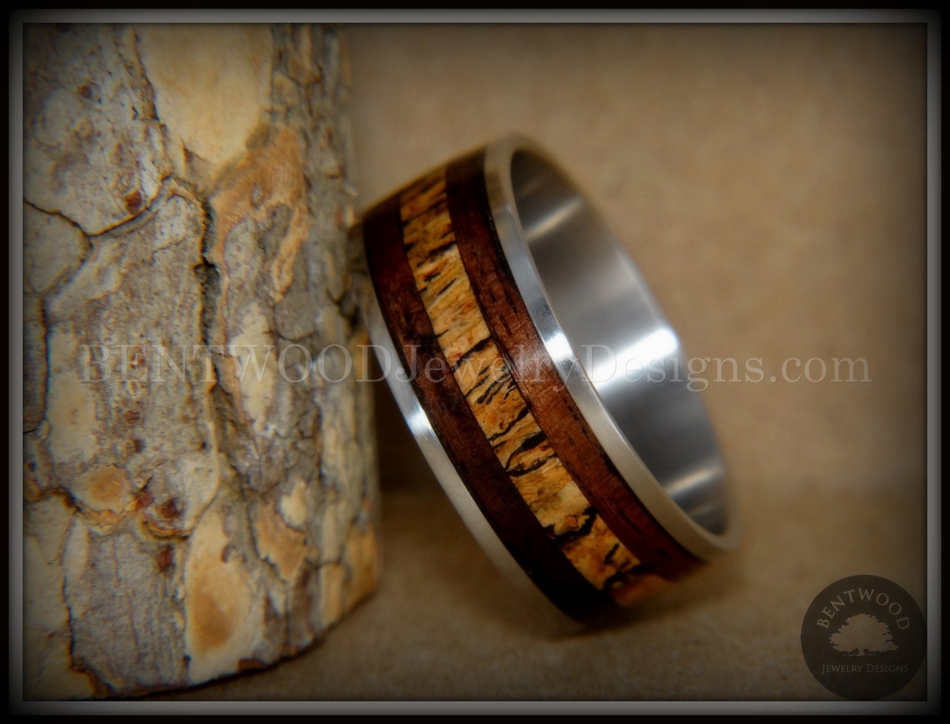 Bentwood Ring - "New Growth" Amazon Rosewood Spalted Maple Inlay Wood Ring on Titanium Steel Comfort Fit Core handcrafted bentwood wooden rings wood wedding ring engagement
