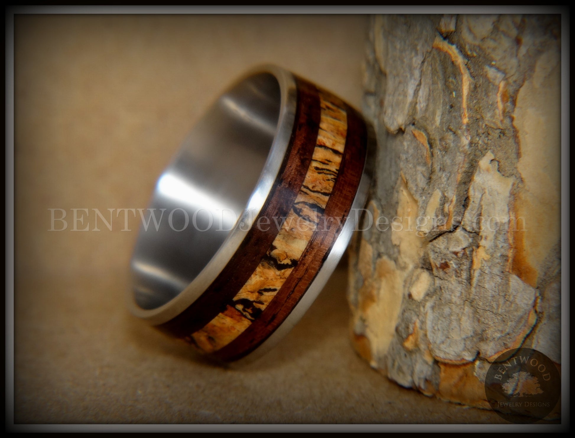 Bentwood Ring - "New Growth" Amazon Rosewood Spalted Maple Inlay Wood Ring on Titanium Steel Comfort Fit Core handcrafted bentwood wooden rings wood wedding ring engagement