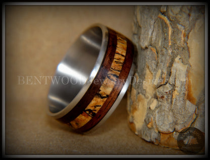 Bentwood Ring - "New Growth" Amazon Rosewood Spalted Maple Inlay Wood Ring on Titanium Steel Comfort Fit Core handcrafted bentwood wooden rings wood wedding ring engagement