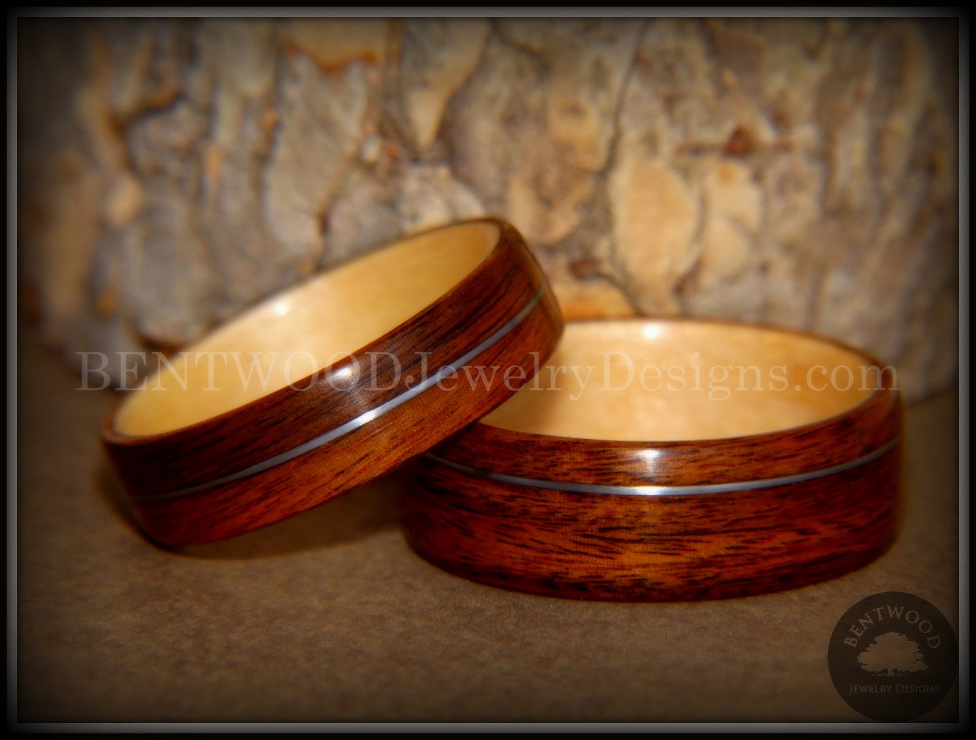 Bentwood Rings Set - S. American Rosewood and N. American Maple with Silver Wire Inlays handcrafted bentwood wooden rings wood wedding ring engagement