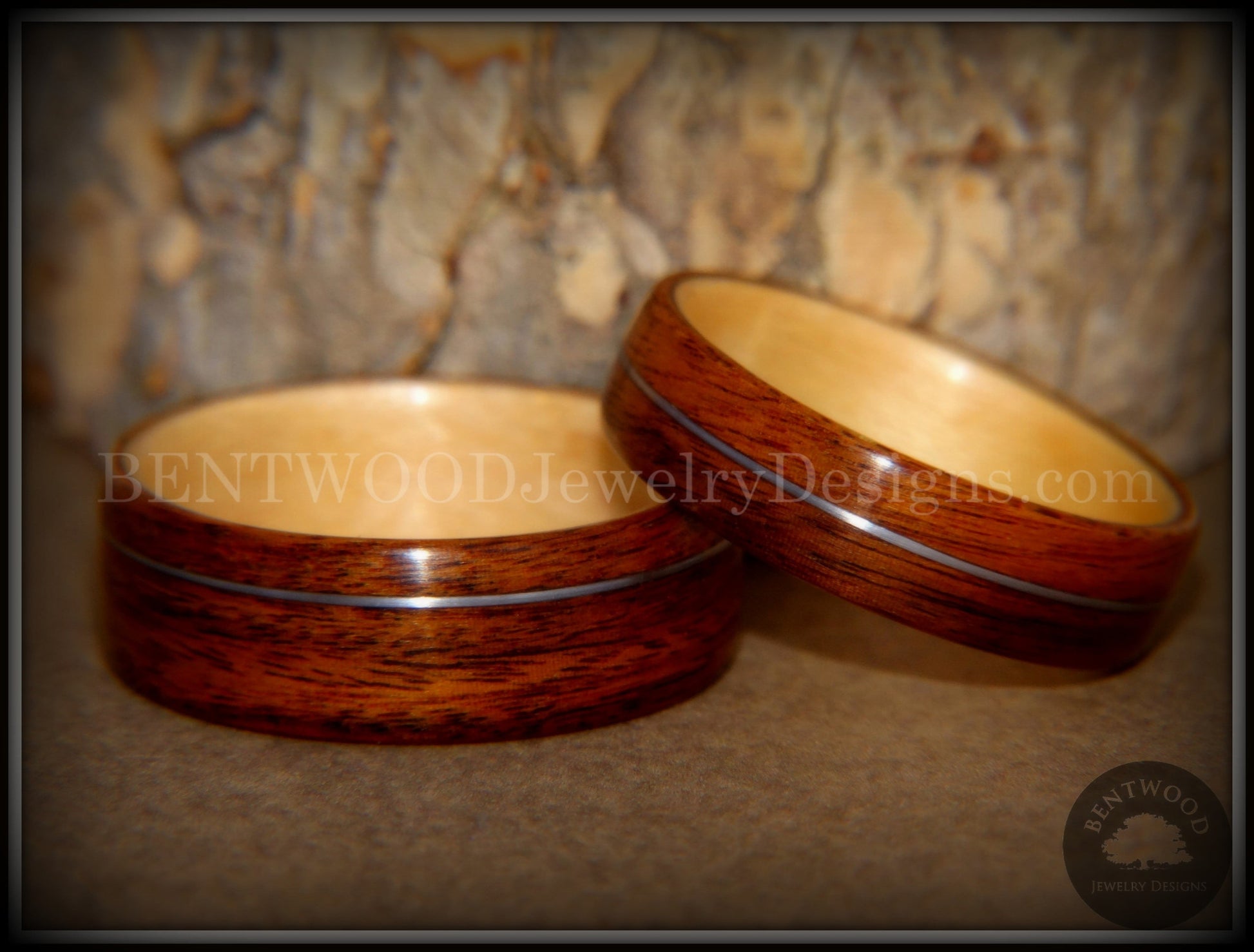 Bentwood Rings Set - S. American Rosewood and N. American Maple with Silver Wire Inlays handcrafted bentwood wooden rings wood wedding ring engagement