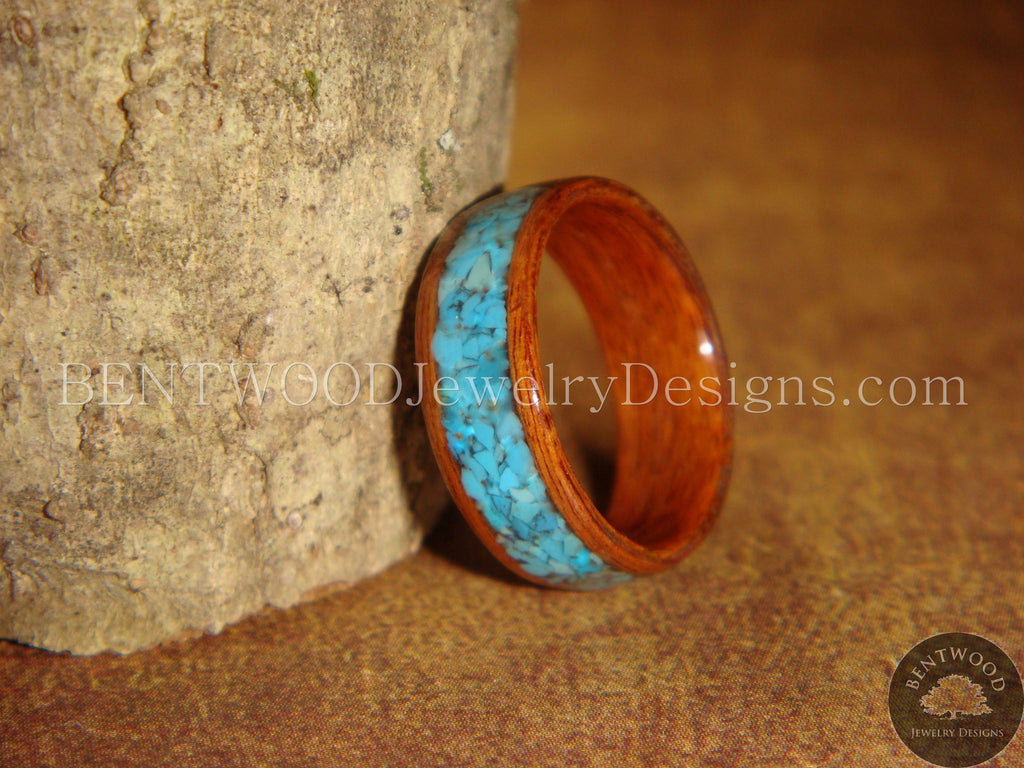 Bentwood Ring - Rosewood Ring with Turquoise Inlay handcrafted bentwood wooden rings wood wedding ring engagement