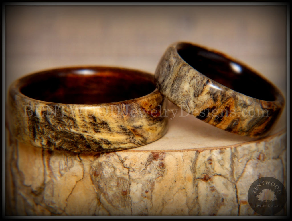 Bentwood Rings Set - "Buckeye Pair" California Buckeye Burl on Ebony Wood Core Set handcrafted bentwood wooden rings wood wedding ring engagement