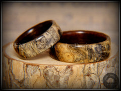 Bentwood Rings Set - "Buckeye Pair" California Buckeye Burl on Ebony Wood Core Set handcrafted bentwood wooden rings wood wedding ring engagement