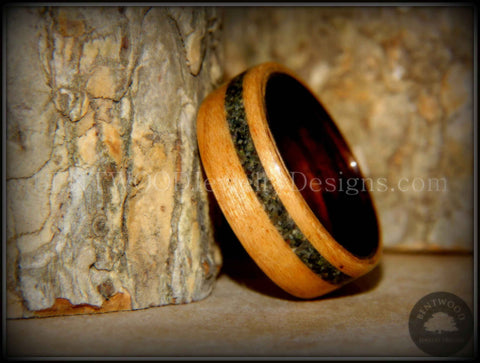Bentwood Ring - Cherry Wood Ring with Ebony Wood Liner and Offset British Columbia Beach Sand Inlay
