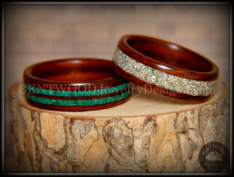 Bentwood Rings Set - "Green Coupled" Rosewood Wood Rings with Malachite and Silver and Green Mix German Glass Inlay