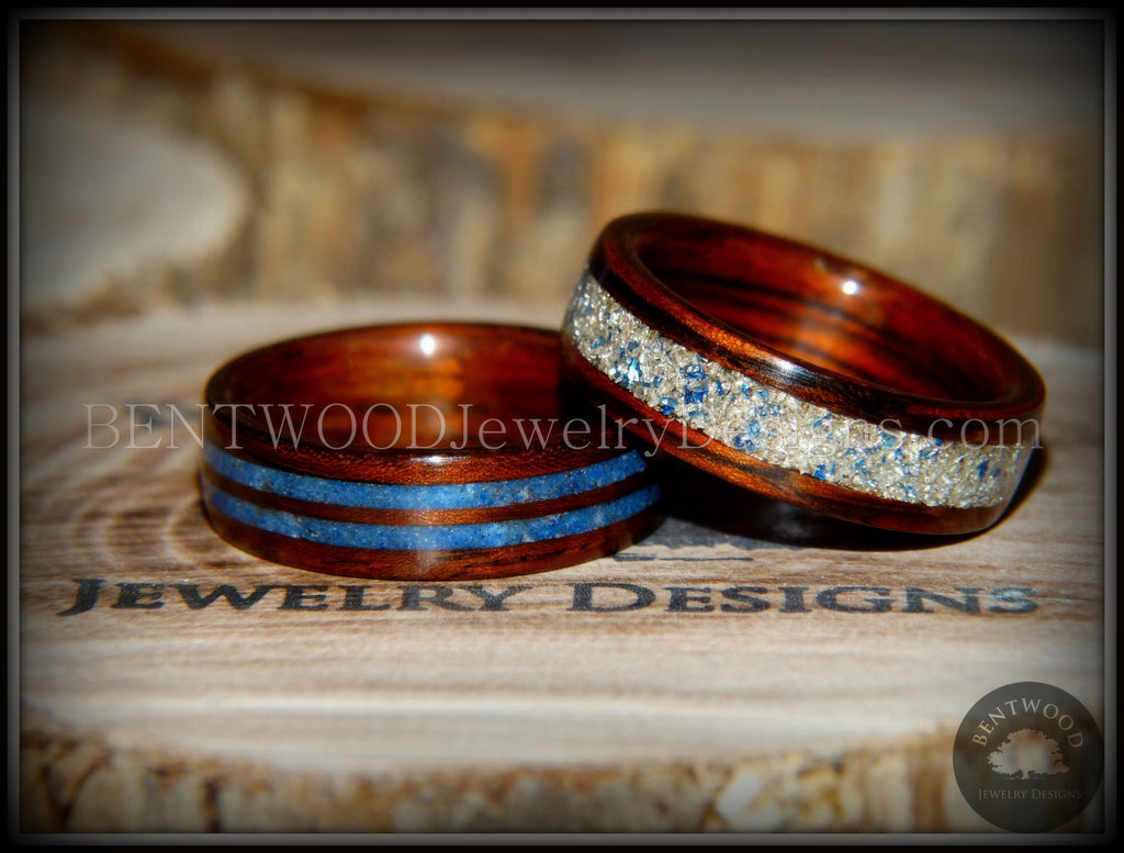 Bentwood Rings Set - "Blu Coupled" Kingwood Wood Rings with Double Blue Lapis and Silver/Blue Glass Inlay handcrafted bentwood wooden rings wood wedding ring engagement