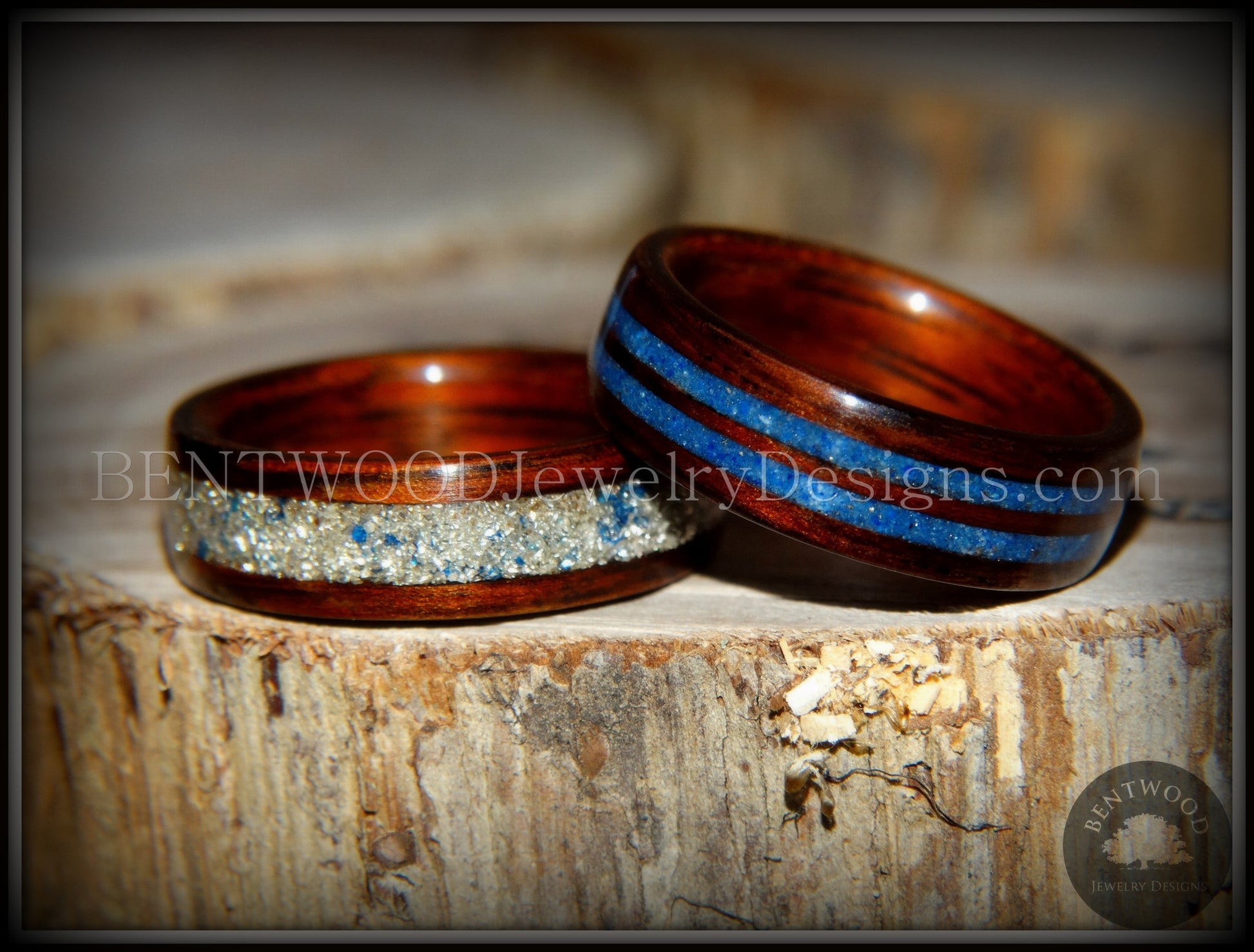 Bentwood Rings Set - "Blu Coupled" Kingwood Wood Rings with Double Blue Lapis and Silver/Blue Glass Inlay handcrafted bentwood wooden rings wood wedding ring engagement