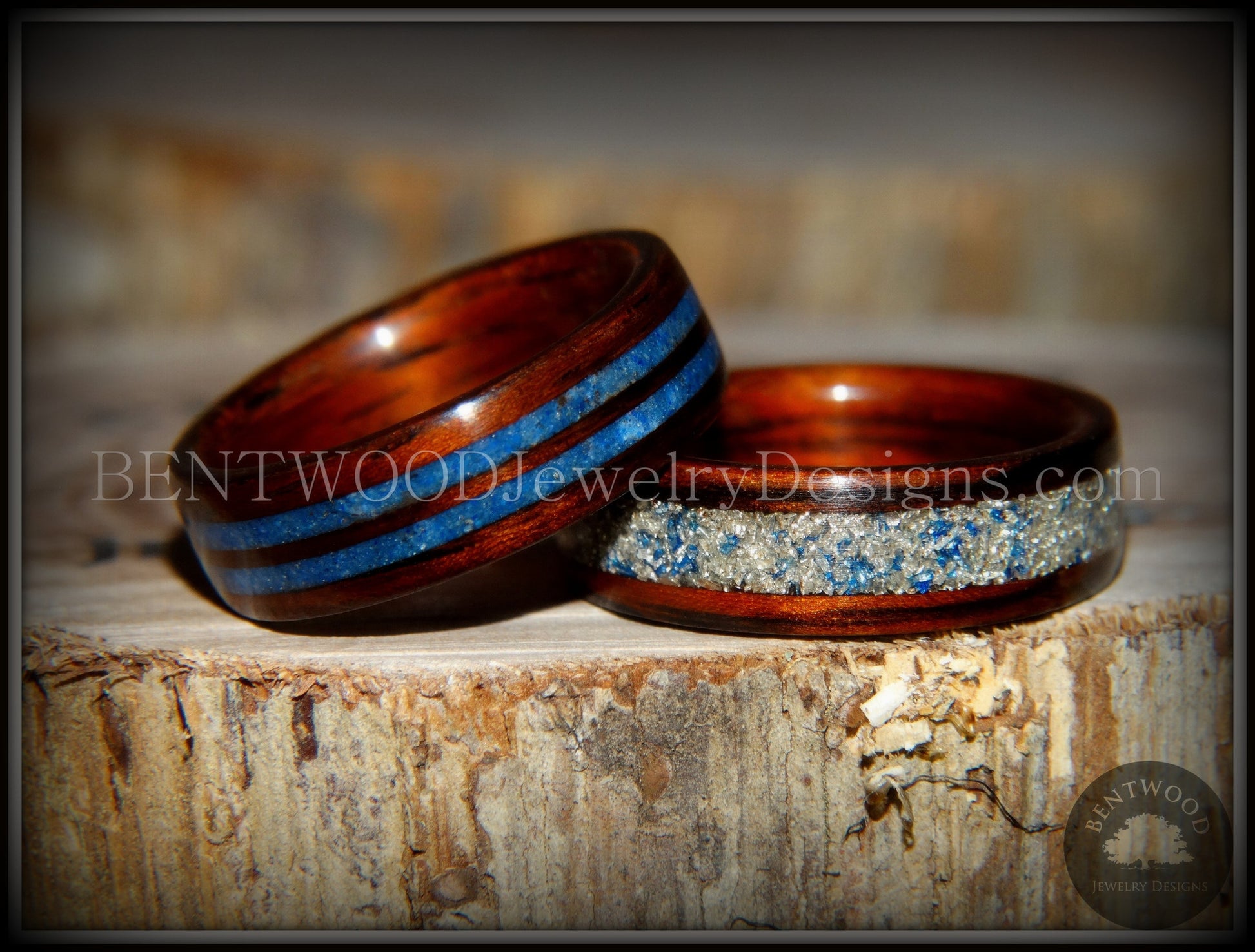 Bentwood Rings Set - "Blu Coupled" Kingwood Wood Rings with Double Blue Lapis and Silver/Blue Glass Inlay handcrafted bentwood wooden rings wood wedding ring engagement