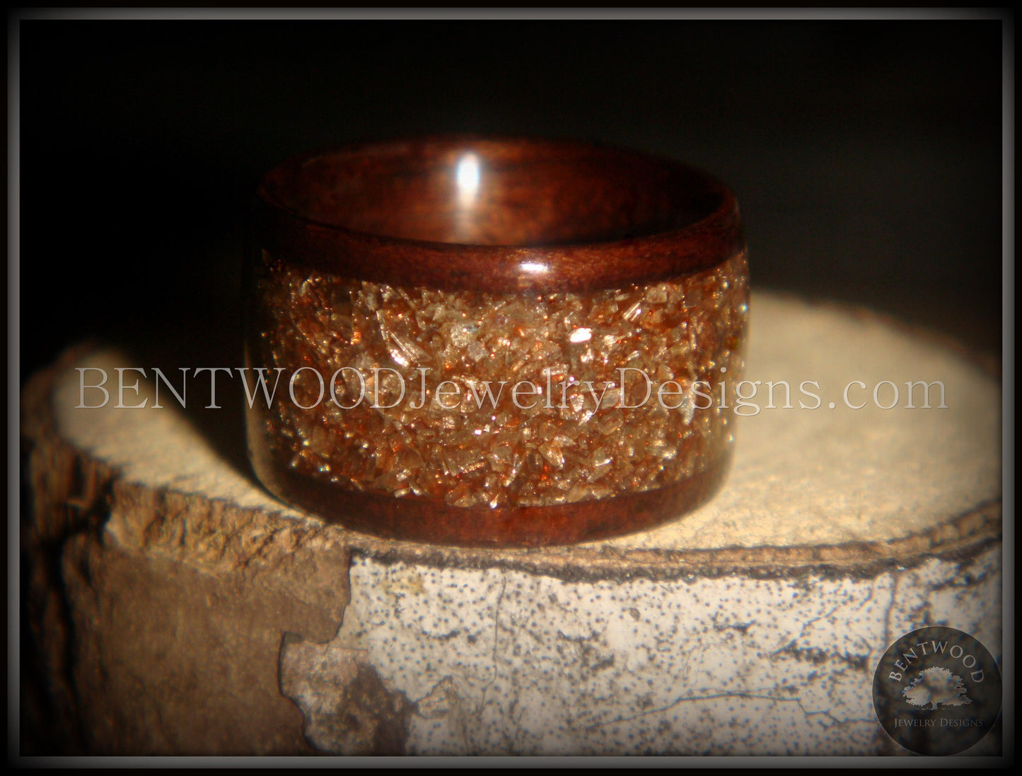 Bentwood Ring - Macassar Ebony Wood Ring with Bronze Glass Inlay handcrafted bentwood wooden rings wood wedding ring engagement