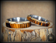 Bentwood Rings Set - "Mammoth" Fossil and Goncalo Alves on Titanium Core handcrafted bentwood wooden rings wood wedding ring engagement