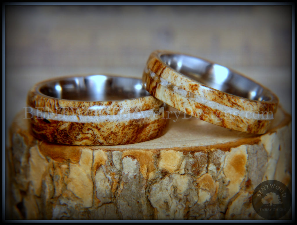 Bentwood Rings Set - Maple Burl on Surgical Steel Core with Cremation Ashes Inlay handcrafted bentwood wooden rings wood wedding ring engagement